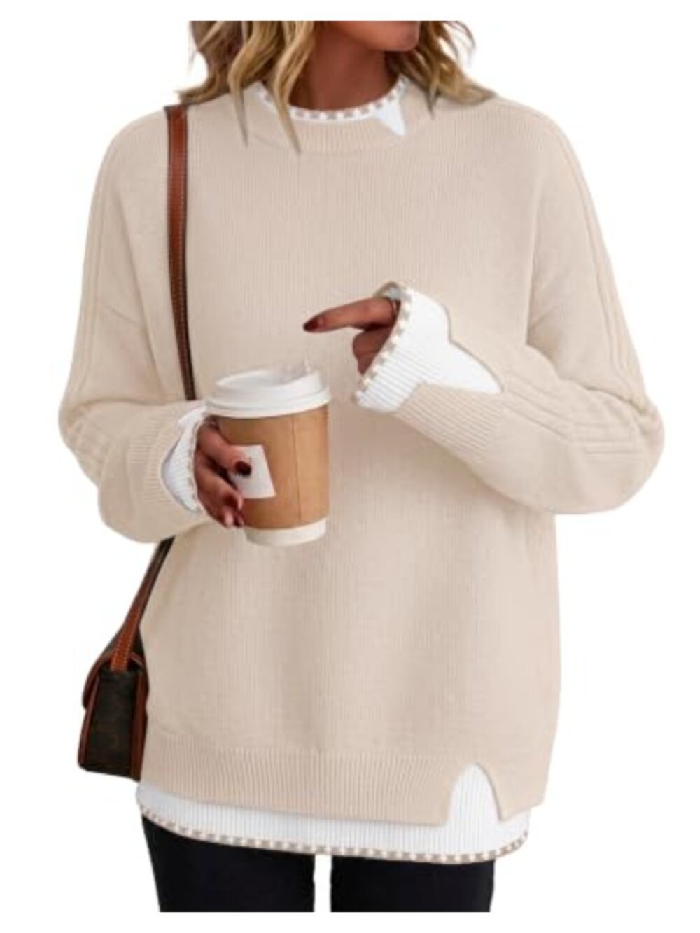 Womens Ribbed Knit Crew Neck Pullover Sweater Oversized Long Sleeve Teacher